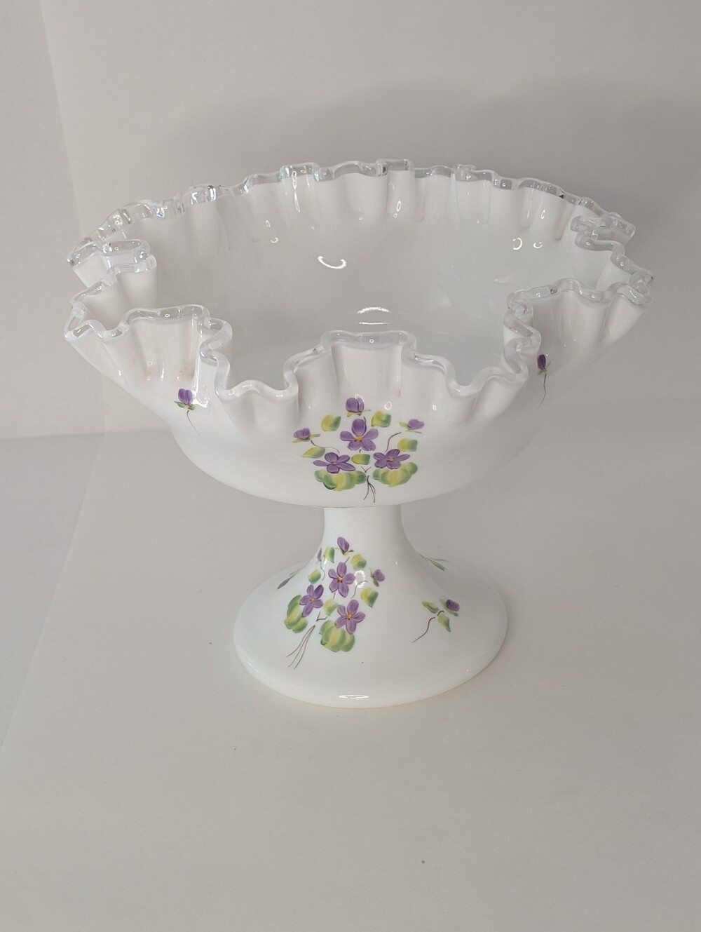 Vintage Fenton Hand Painted "Violets In The Snow" Silver Crest Milkglass Compote